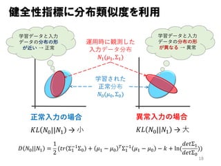 18
健全性指標に分布類似度を利用
運⽤時に観測した
⼊⼒データ分布
𝑁!(𝜇!, Σ!)
学習データと⼊⼒
データの分布の形
が異なる → 異常
学習データと⼊⼒
データの分布の形
が近い → 正常
正常⼊⼒の場合
𝐾𝐿 𝑁!||𝑁" → ⼩
異常⼊⼒の場合
𝐾𝐿 𝑁!||𝑁" → ⼤
学習された
正常分布
𝑁"(𝜇", Σ")
𝐷 𝑁"||𝑁! =
1
2
(𝑡𝑟 Σ!
#!
Σ" + 𝜇! − 𝜇"
$Σ!
#!
𝜇! − 𝜇" − 𝑘 + ln(
𝑑𝑒𝑡Σ!
𝑑𝑒𝑡Σ"
))
 