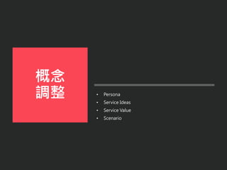 • Persona
• Service Ideas
• Service Value
• Scenario
概念
調整
 