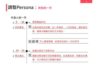 6
調整Persona：典型的一天
9 30
居家餐桌
14 10
獨立書店
晨間醒腦時刻
逛書店是為了探索未知
在週末睡到自然醒，泡一杯咖啡，一份煎蛋後，邊吃著早
餐，邊隨手翻翻近期的生活雜誌。
早上圖像閱讀，能幫助我提升一日的思考
喜歡涉略各種不同的閱讀領域，在逛書店時，與書本的偶
遇，可以開拓自己閱讀的廣度。
 