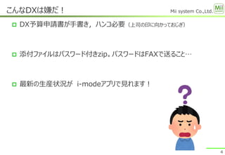 Mii system Co.,Ltd.
 DX予算申請書が手書き，ハンコ必要（上司の印に向かっておじぎ）
 添付ファイルはパスワード付きzip。パスワードはFAXで送ること…
 最新の生産状況が i-modeアプリで見れます！
こんなDXは嫌だ！
4
 