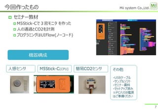 Mii system Co.,Ltd.
 セミナー教材
 M5Stick-Cで３密モニタ を作った
 人の通過とCO2を計測
 プログラミングはUIFlow(ノーコード)
今回作ったもの
7
 