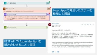 Logic Appsで発生したエラーを
検知して通知
REST API や Azure Monitor を
組み合わせることで実現
 