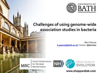 Challenges of using genome-wide
association studies in bacteria
Ben Pascoe
b.pascoe@bath.ac.uk | Twitter: @benizao
www.sheppardlab.com
 
