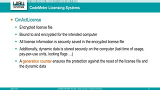 CodeMeter Licensing Systems
 CmActLicense
 Encrypted license file
 Bound to and encrypted for the intended computer
 A...