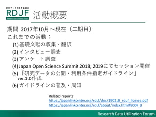Research Data Utilization Forum
ӸҪ
g: 201710¡FڣĿ
ޤǤλӣ
(1) Aפ΅?U
(2) 󥿥ӥ`{
(3) 󥱩`{
(4) Japan Open Science Summit 2018, 2019ˤƥå_
(5) оǩ`ι_?ָɥ饤
ver.1.0
(6) ɥ饤ռ?֪
Related reports:
https://japanlinkcenter.org/rduf/doc/190218_rduf_license.pdf
https://japanlinkcenter.org/rduf/about/index.html#s004_0
4
 