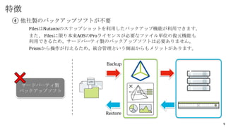 9
④ 他社製のバックアップソフトが不要
FilesはNutanixのスナップショットを利用したバックアップ機能が利用できます。
また、 Filesに限り本来AOSのProライセンスが必要なファイル単位の復元機能も
利用できるため、サードパーティ製のバックアップソフトは必要ありません。
Prismから操作が行えるため、統合管理という側面からもメリットがあります。
特徴
サードパーティ製
バックアップソフト
Backup
Restore
 