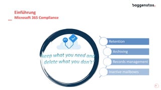 8
Einführung
Microsoft 365 Compliance
Retention
Archiving
Records management
Inactive mailboxes
 