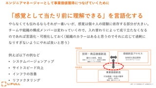 エンジニアマネージャーとして事業価値獲得につなげていくために
「感覚として当たり前に理解できる」を⾔語化する
やらなくても伝わるならそれが⼀番いいが、感覚は個々⼈の経験に依存する部分が⼤きい。
チームや組織の構成メンバーは変わっていくので、⼊れ替わりによって成り⽴たなくなる
のであれば⾔語化・可視化しておく(組織のカラーはあると思うのでそれに応じて過剰に
なりすぎないようにやれば良いと思う)
例えば以下の例など
• システムバージョンアップ
• サイトスピード向上
• インフラの改善
• リファクタリング
参考：MOT[技術経営]⼊⾨：延岡健太郎 より
技術・商品価値創造
優れた技術、商品
技術イノベーション・⾰新的な機能
顧客ニーズへの合致
価値創造プロセス
効率的な製品開発
QCD/オペレーション
価値創造
価値獲得
事業価値創造
付加価値・利益の獲得
差別化・独⾃化
戦略・儲けのしくみ
 