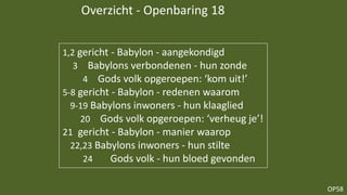 OP58
Overzicht - Openbaring 18
1,2 gericht - Babylon - aangekondigd
3 Babylons verbondenen - hun zonde
4 Gods volk opgeroepen: ‘kom uit!’
5-8 gericht - Babylon - redenen waarom
9-19 Babylons inwoners - hun klaaglied
20 Gods volk opgeroepen: ‘verheug je’!
21 gericht - Babylon - manier waarop
22,23 Babylons inwoners - hun stilte
24 Gods volk - hun bloed gevonden
 