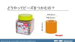 https://ros.xrea.jp/瀬戸内ROS勉強会2020/12/14 ROS Japan UG Re: #35 自作／カスタムロボットのROS対応 Webinar https://ros.xrea.jp/
どうやってビーズをつかむの？
長さ：約4.8mm
外形：約5mm
内径：約2.8mm
2
Target
 