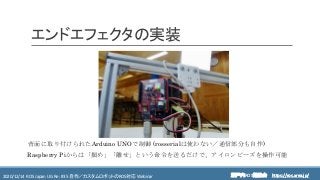 https://ros.xrea.jp/瀬戸内ROS勉強会2020/12/14 ROS Japan UG Re: #35 自作／カスタムロボットのROS対応 Webinar https://ros.xrea.jp/
エンドエフェクタの実装
背面に取り付けられたArduino UNOで制御 (rosserialは使わない／通信部分も自作)
Raspberry Piからは「掴め」「離せ」という命令を送るだけで、アイロンビーズを操作可能
 