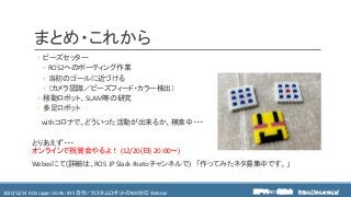 https://ros.xrea.jp/瀬戸内ROS勉強会2020/12/14 ROS Japan UG Re: #35 自作／カスタムロボットのROS対応 Webinar https://ros.xrea.jp/
まとめ・これから
◦ ビーズセッター
◦ ROS2へのポーティング作業
◦ 当初のゴールに近づける
◦ （カメラ認識／ビーズフィード・カラー検出）
◦ 移動ロボット、SLAM等の研究
◦ 多足ロボット
withコロナで、どういった活動が出来るか、模索中・・・
とりあえず・・・
オンラインで祝賀会やるよ！ (12/20(日) 20:00～)
Webexにて(詳細は、ROS JP Slack #setoチャンネルで) 「作ってみたネタ募集中です。」
 
