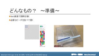 https://ros.xrea.jp/瀬戸内ROS勉強会2020/12/14 ROS Japan UG Re: #35 自作／カスタムロボットのROS対応 Webinar https://ros.xrea.jp/
どんなもの？ ～準備～
⚫Web画面で図柄を描く
⚫必要なビーズを並べて置く
 