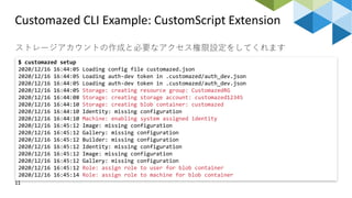 Customazed CLI Example: CustomScript Extension
11
ストレージアカウントの作成と必要なアクセス権限設定をしてくれます
$ customazed setup
2020/12/16 16:44:05 Loading config file customazed.json
2020/12/16 16:44:05 Loading auth-dev token in .customazed/auth_dev.json
2020/12/16 16:44:05 Loading auth-dev token in .customazed/auth_dev.json
2020/12/16 16:44:05 Storage: creating resource group: CustomazedRG
2020/12/16 16:44:08 Storage: creating storage account: customazed12345
2020/12/16 16:44:10 Storage: creating blob container: customazed
2020/12/16 16:44:10 Identity: missing configuration
2020/12/16 16:44:10 Machine: enabling system assigned identity
2020/12/16 16:45:12 Image: missing configuration
2020/12/16 16:45:12 Gallery: missing configuration
2020/12/16 16:45:12 Builder: missing configuration
2020/12/16 16:45:12 Identity: missing configuration
2020/12/16 16:45:12 Image: missing configuration
2020/12/16 16:45:12 Gallery: missing configuration
2020/12/16 16:45:12 Role: assign role to user for blob container
2020/12/16 16:45:14 Role: assign role to machine for blob container
 