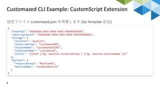 Customazed CLI Example: CustomScript Extension
8
設定ファイル customazed.json を用意します (Go Template 記法)
{
"tenantId": "XXXXXXXX-XXXX-XXXX-XXXX-XXXXXXXXXXXX",
"subscriptionId": "XXXXXXXX-XXXX-XXXX-XXXX-XXXXXXXXXXXX",
"storage": {
"location": "westus2",
"resourceGroup": "CustomazedRG",
"accountName": "customazed12345",
"containerName": "customazed",
"prefix": "{{hash (cfg `machine.resourceGroup`) (cfg `machine.machineName`)}}"
},
"machine": {
"resourceGroup": "MachineRG",
"machineName": "windowsMachine"
}
}
 