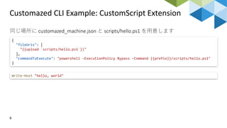 Customazed CLI Example: CustomScript Extension
9
同じ場所に customazed_machine.json と scripts/hello.ps1 を用意します
{
"fileUris": [
"{{upload `scripts/hello.ps1`}}"
],
"commandToExecute": "powershell -ExecutionPolicy Bypass -Command {{prefix}}/scripts/hello.ps1"
}
Write-Host "hello, world"
 