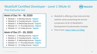 All contents © MuleSoft, LLC
● MuleSoft is oﬀering a free instructor-led
webinar series presenting the lecture
component of all 13 MuleSoft.U
Development Fundamentals modules
● Find it here: https://sfdc.co/31Rpj
MuleSoft Certiﬁed Developer - Level 1 (Mule 4)
12
Free Instructor Led
Automation
Server
 