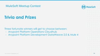 All contents © MuleSoft, LLC
MuleSoft Meetup Contest
14
Trivia and Prizes
Three fortunate winners will get to choose between:
- Anypoint Platform Operations Cloudhub
- Anypoint Platform Development DataWeave 2.0 & Mule 4
 