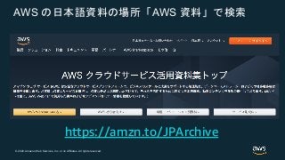 © 2020 Amazon Web Services, Inc. or its Affiliates. All rights reserved.
AWS の日本語資料の場所「AWS 資料」で検索
https://amzn.to/JPArchive
 