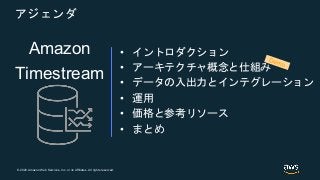 © 2020 Amazon Web Services, Inc. or its Affiliates. All rights reserved.
Amazon
Timestream
アジェンダ
• イントロダクション
• アーキテクチャ概念と仕...