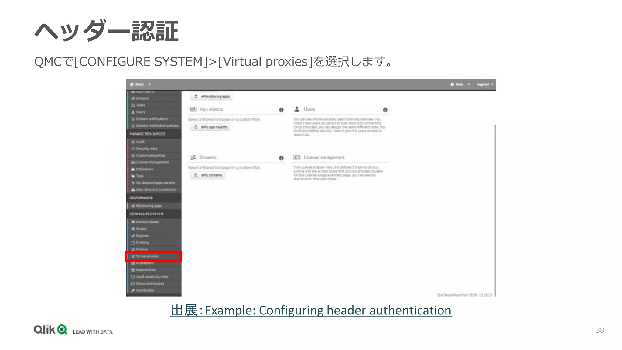 38
ヘッダー認証
QMCで[CONFIGURE SYSTEM]>[Virtual proxies]を選択します。
出展：Example: Configuring header authentication
 