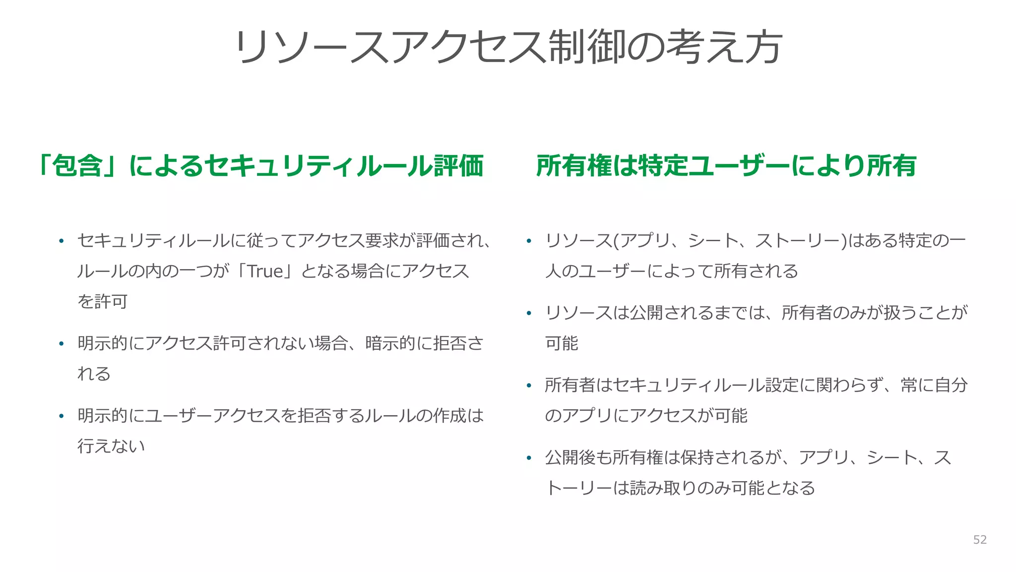 52
「包含」によるセキュリティルール評価
• セキュリティルールに従ってアクセス要求が評価され、
ルールの内の一つが「True」となる場合にアクセス
を許可
• 明示的にアクセス許可されない場合、暗示的に拒否さ
れる
• 明示的にユーザーアクセスを拒否するルールの作成は
行えない
所有権は特定ユーザーにより所有
• リソース(アプリ、シート、ストーリー)はある特定の一
人のユーザーによって所有される
• リソースは公開されるまでは、所有者のみが扱うことが
可能
• 所有者はセキュリティルール設定に関わらず、常に自分
のアプリにアクセスが可能
• 公開後も所有権は保持されるが、アプリ、シート、ス
トーリーは読み取りのみ可能となる
リソースアクセス制御の考え方
 