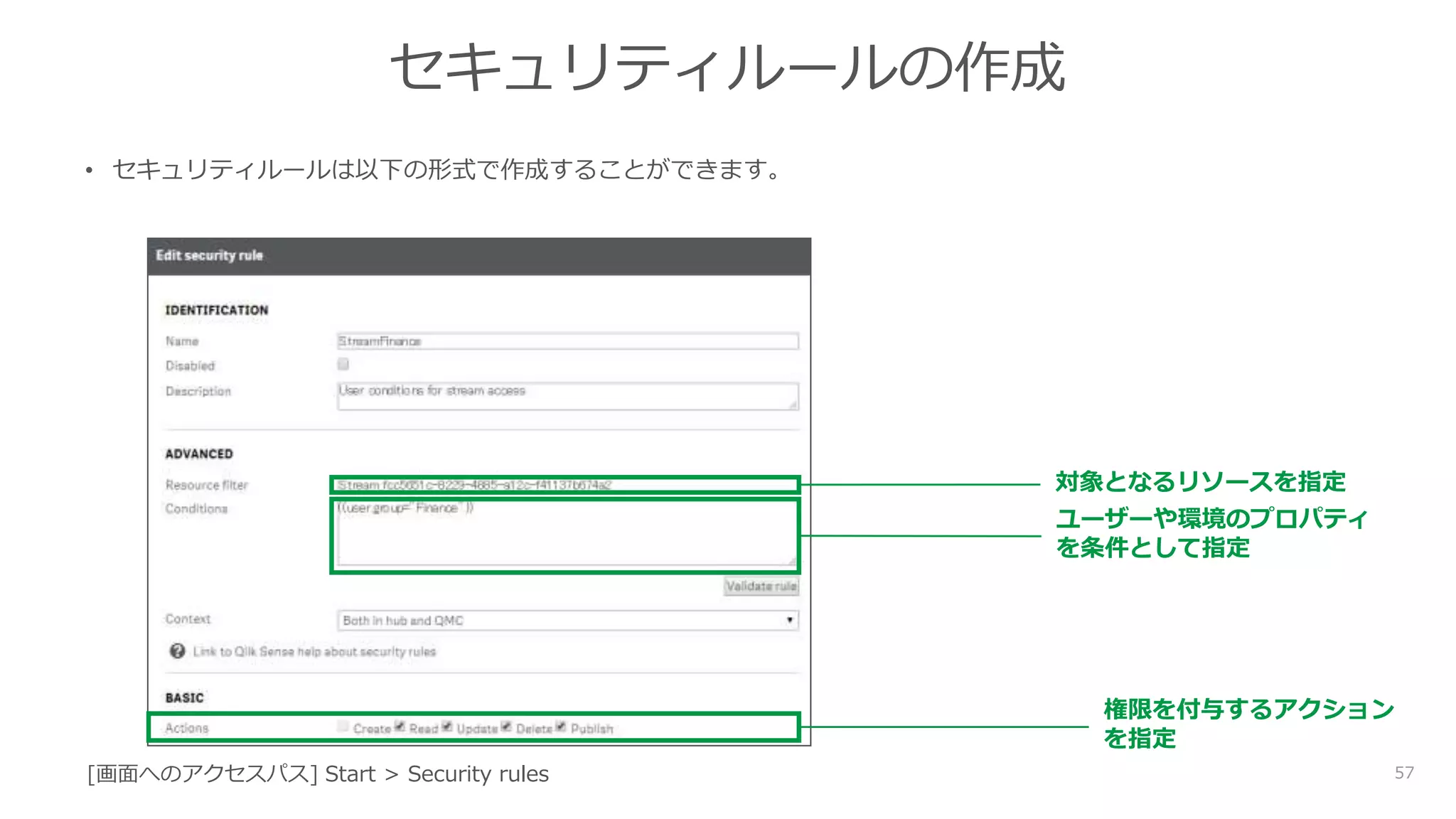 57
セキュリティルールの作成
• セキュリティルールは以下の形式で作成することができます。
対象となるリソースを指定
ユーザーや環境のプロパティ
を条件として指定
権限を付与するアクション
を指定
[画面へのアクセスパス] Start > Security rules
 