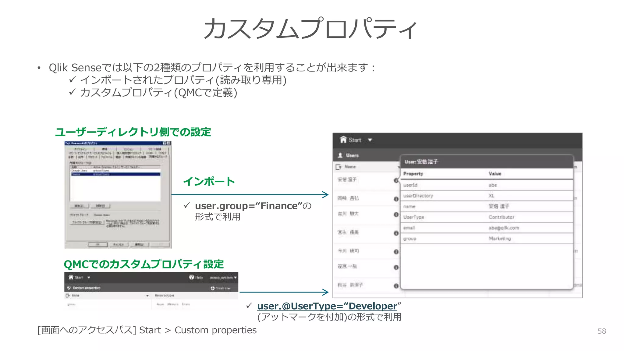 58
カスタムプロパティ
• Qlik Senseでは以下の2種類のプロパティを利用することが出来ます：
 インポートされたプロパティ(読み取り専用)
 カスタムプロパティ(QMCで定義)
ユーザーディレクトリ側での設定
QMCでのカスタムプロパティ設定
インポート
 user.group=“Finance”の
形式で利用
 user.@UserType=“Developer”
(アットマークを付加)の形式で利用
[画面へのアクセスパス] Start > Custom properties
 