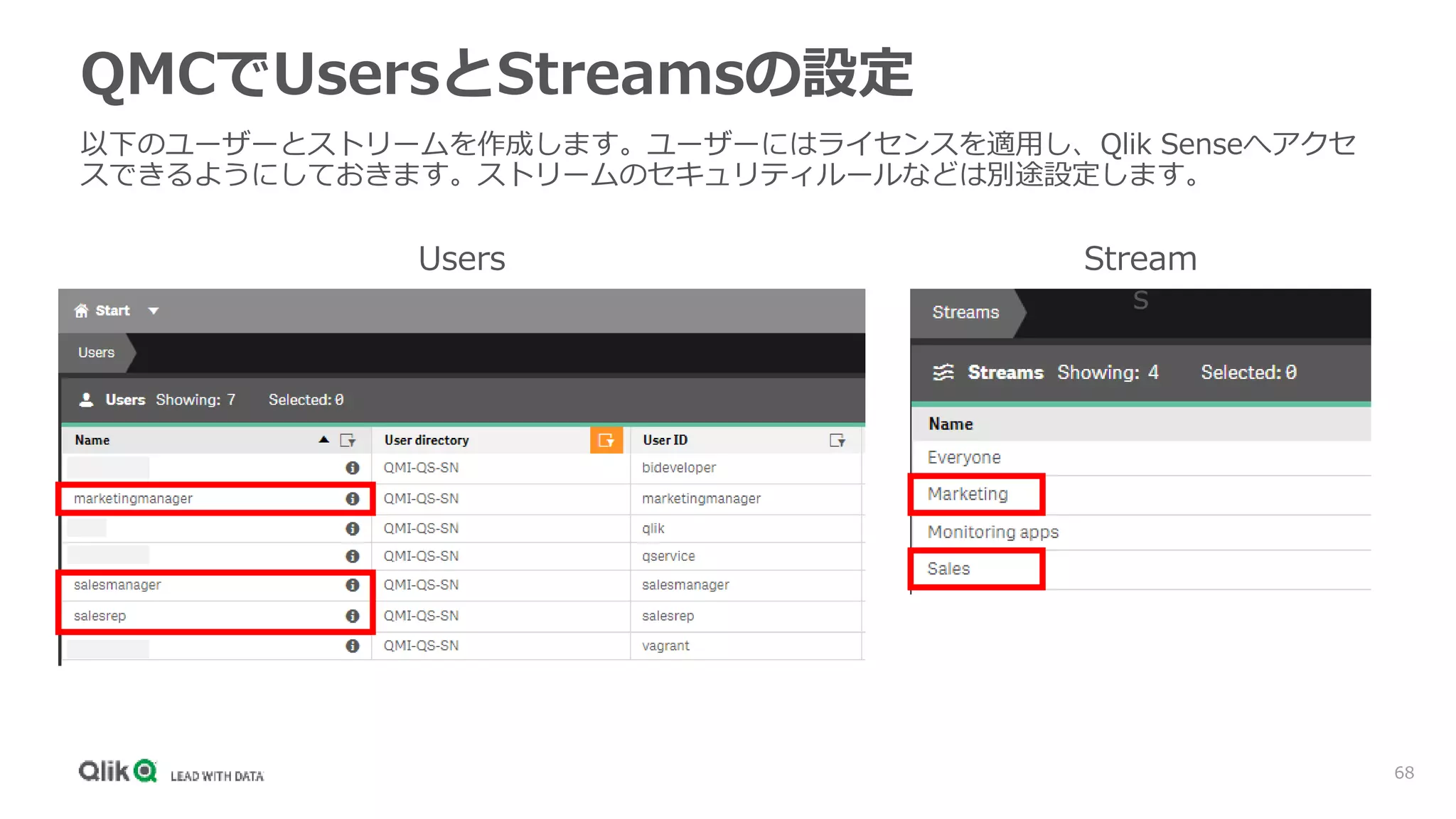 68
QMCでUsersとStreamsの設定
Users Stream
s
以下のユーザーとストリームを作成します。ユーザーにはライセンスを適用し、Qlik Senseへアクセ
スできるようにしておきます。ストリームのセキュリティルールなどは別途設定します。
 