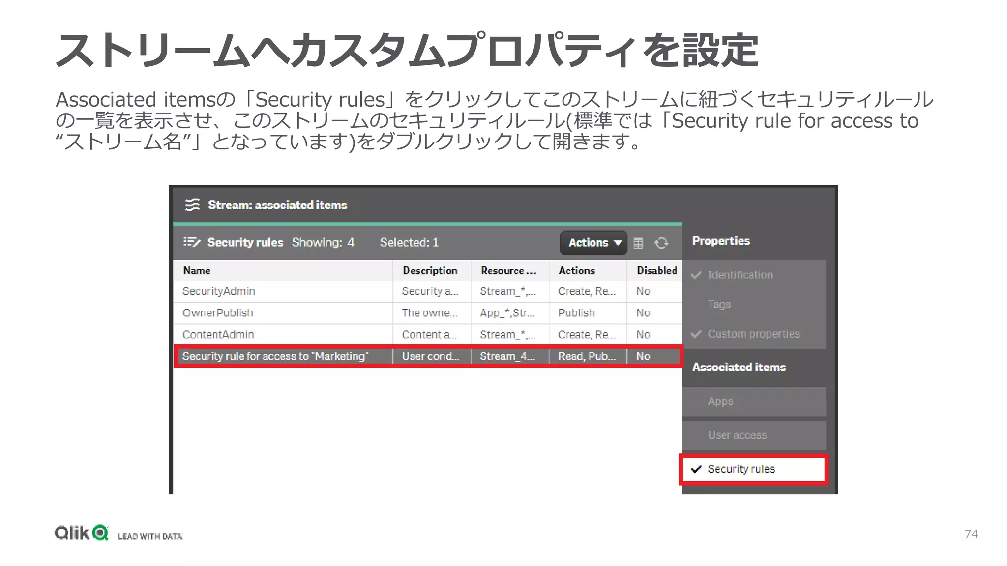 74
Associated itemsの「Security rules」をクリックしてこのストリームに紐づくセキュリティルール
の一覧を表示させ、このストリームのセキュリティルール(標準では「Security rule for access to
“ストリーム名”」となっています)をダブルクリックして開きます。
ストリームへカスタムプロパティを設定
 