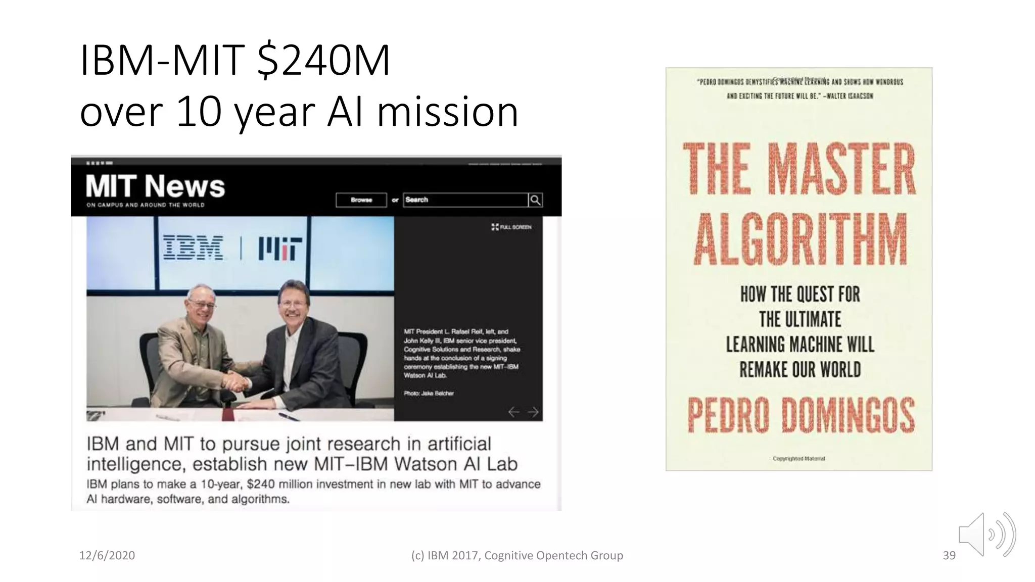 IBM-MIT $240M
over 10 year AI mission
12/6/2020 (c) IBM 2017, Cognitive Opentech Group 39
 