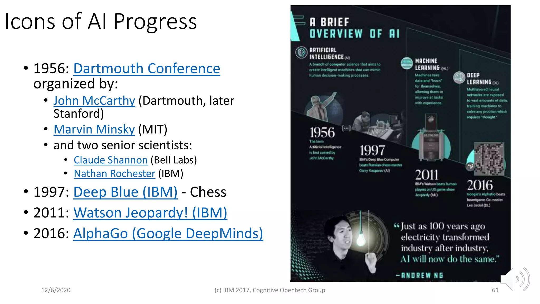 Icons of AI Progress
• 1956: Dartmouth Conference
organized by:
• John McCarthy (Dartmouth, later
Stanford)
• Marvin Minsky (MIT)
• and two senior scientists:
• Claude Shannon (Bell Labs)
• Nathan Rochester (IBM)
• 1997: Deep Blue (IBM) - Chess
• 2011: Watson Jeopardy! (IBM)
• 2016: AlphaGo (Google DeepMinds)
12/6/2020 (c) IBM 2017, Cognitive Opentech Group 61
 