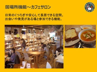 つながり～
居場所機能～カフェサロン
日常のくつろぎや安心して長居できる空間。
出会いや発見がある場と参加できる機能。
 