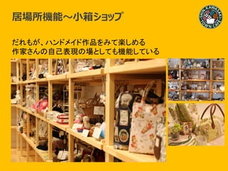 つながり～
居場所機能～小箱ショップ
だれもが、ハンドメイド作品をみて楽しめる
作家さんの自己表現の場としても機能している
 