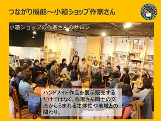 つながり～
つながり機能～小箱ショップ作家さん
小箱ショップの作家さんのサロン
ハンドメイド作品を展示販売する
だけではなく、作家さん同士の交
流からうまれる主体性や地域との
関わり。
 