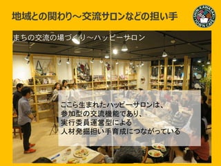 つながり～
まちの交流の場づくり～ハッピーサロン
ここら生まれたハッピーサロンは、
参加型の交流機能であり、
実行委員運営型による
人材発掘担い手育成につながっている
地域との関わり～交流サロンなどの担い手
 