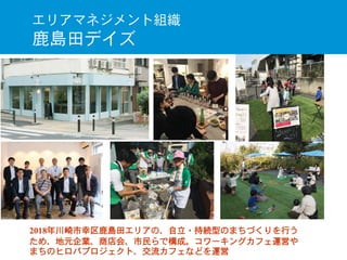 エリアマネジメント組織
鹿島田デイズ
2018年川崎市幸区鹿島田エリアの、自立・持続型のまちづくりを行う
ため、地元企業、商店会、市民らで構成。コワーキングカフェ運営や
まちのヒロバプロジェクト、交流カフェなどを運営
 