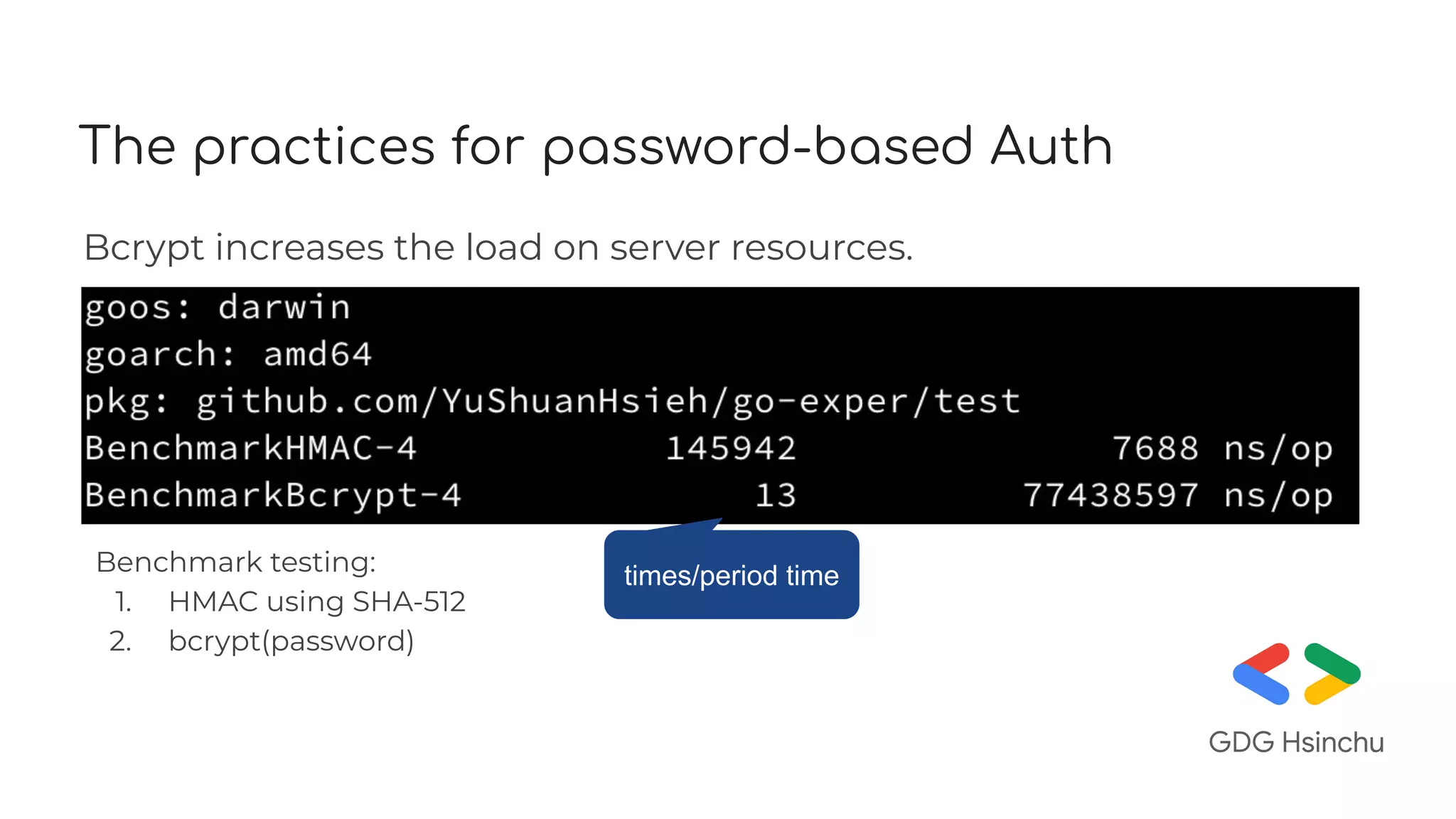The practices for password-based Auth
Bcrypt increases the load on server resources.
Benchmark testing:
1. HMAC using SHA-512
2. bcrypt(password)
times/period time
 