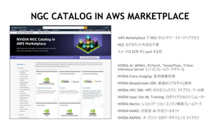 36
NGC CATALOG IN AWS MARKETPLACE
AWS Marketplace で NGC のコンテナー イメージへアクセス
NGC のアカウント作成は不要
イメージは ECR から pull する形
NVIDIA AI: MXNet, PyTorch, TensorFlow, Triton
Inference Server といったフレームワークやツール
NVIDIA Clara Imaging: 医用画像処理
NVIDIA DeepStream SDK: 動画のリアルタイム解析
NVIDIA HPC SDK: HPC 向けのコンパイラ、ライブラリ、ツール群
NVIDIA Isaac Sim ML Training: ロボティクス向けシミュレーター
NVIDIA Merlin: レコメンデーション エンジン構築フレームワーク
NVIDIA NeMO: 対話型 AI 作成ツールキット
NVIDIA RAPIDS: オープンソースのデータサイエンス ライブラリ
 