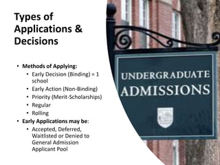 Types of
Applications &
Decisions
• Methods of Applying:
• Early Decision (Binding) = 1
school
• Early Action (Non-Binding)
• Priority (Merit-Scholarships)
• Regular
• Rolling
• Early Applications may be:
• Accepted, Deferred,
Waitlisted or Denied to
General Admission
Applicant Pool
 