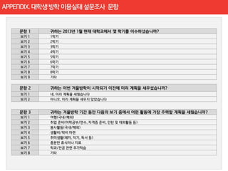 APPENDIX. 대학생 창업 인식 설문조사 문항


   보기 1   1학기
   보기 2   2학기
   보기 3   3학기
   보기 4   4학기
   보기 5   5학기
   보기 6   6학기
   보기 7   7학기
   보기 8   8학기
   보기 9   기타



   보기 1   네, 미리 계획을 세웠습니다
   보기 2   아니오, 미리 계획을 세우지 않았습니다




   보기 1   여행(국내/해외)
   보기 2   취업 준비(어학공부/연수, 자격증 준비, 인턴 및 대외활동 등)
   보기 3   봉사활동(국내/해외)
   보기 4   생활비/학비 마련
   보기 5   취미생활(레저, 악기, 독서 등)
   보기 6   충분한 휴식이나 치료
   보기 7   학과/전공 관련 추가학습
   보기 8   기타
 