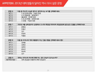 보기 1 5.18 민주화 운동 - 이승만 정권
보기 2 4.19 독립운동 - 일제강점기
보기 3 6월 항쟁 - 전두환 정권
보기 4 5.16 군사혁명 - 전두환 정권
보기 5 3.1운동 - 이승만 정권
보기 1 윤봉길
보기 2 안중근
보기 3 김구
보기 4 안창호
보기 5 이봉창
21
평가척도(5점) 전혀 관심없다/보통이다/매우 관심있다
보기 1 김대중
보기 2 김영상
보기 3 김좌진
보기 4 윤보선
보기 5 최규하
보기 6 김구
 