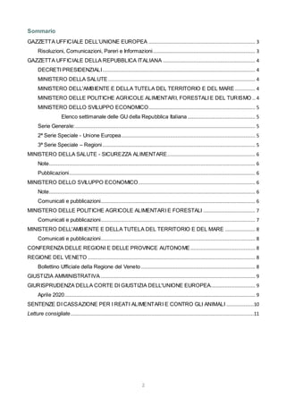 2
Sommario
GAZZETTA UFFICIALE DELL’UNIONE EUROPEA .......................................................................... 3
Risoluzioni, Comunicazioni, Pareri e Informazioni....................................................................... 3
GAZZETTA UFFICIALE DELLA REPUBBLICA ITALIANA ................................................................ 4
DECRETI PRESIDENZIALI.......................................................................................................... 4
MINISTERO DELLA SALUTE ...................................................................................................... 4
MINISTERO DELL'AMBIENTE E DELLA TUTELA DEL TERRITORIO E DEL MARE .............. 4
MINISTERO DELLE POLITICHE AGRICOLE ALIMENTARI, FORESTALI E DEL TURISMO .. 4
MINISTERO DELLO SVILUPPO ECONOMICO.......................................................................... 5
Elenco settimanale delle GU della Repubblica Italiana ............................................... 5
Serie Generale:............................................................................................................................. 5
2ª Serie Speciale - Unione Europea............................................................................................. 5
3ª Serie Speciale – Regioni.......................................................................................................... 5
MINISTERO DELLA SALUTE - SICUREZZA ALIMENTARE............................................................. 6
Note............................................................................................................................................... 6
Pubblicazioni................................................................................................................................. 6
MINISTERO DELLO SVILUPPO ECONOMICO................................................................................. 6
Note............................................................................................................................................... 6
Comunicati e pubblicazioni........................................................................................................... 6
MINISTERO DELLE POLITICHE AGRICOLE ALIMENTARI E FORESTALI .................................... 7
Comunicati e pubblicazioni........................................................................................................... 7
MINISTERO DELL'AMBIENTE E DELLA TUTELA DEL TERRITORIO E DEL MARE ..................... 8
Comunicati e pubblicazioni........................................................................................................... 8
CONFERENZA DELLE REGIONI E DELLE PROVINCE AUTONOME............................................. 8
REGIONE DEL VENETO .................................................................................................................... 8
Bollettino Ufficiale della Regione del Veneto ............................................................................... 8
GIUSTIZIA AMMINISTRATIVA ........................................................................................................... 9
GIURISPRUDENZA DELLA CORTE DI GIUSTIZIA DELL'UNIONE EUROPEA............................... 9
Aprile 2020.................................................................................................................................... 9
SENTENZE DI CASSAZIONE PER I REATI ALIMENTARI E CONTRO GLI ANIMALI ...................10
Letture consigliate...............................................................................................................................11
 