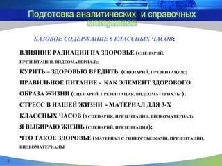 БАЗОВОЕ СОДЕРЖАНИЕ 6 КЛАССНЫХ ЧАСОВ:
ВЛИЯНИЕ РАДИАЦИИ НА ЗДОРОВЬЕ (СЦЕНАРИЙ,
ПРЕЗЕНТАЦИЯ, ВИДЕОМАТЕРИАЛ);
КУРИТЬ – ЗДОРОВЬЮ ВРЕДИТЬ (СЦЕНАРИЙ, ПРЕЗЕНТАЦИЯ);
ПРАВИЛЬНОЕ ПИТАНИЕ - КАК ЭЛЕМЕНТ ЗДОРОВОГО
ОБРАЗА ЖИЗНИ (СЦЕНАРИЙ, ПРЕЗЕНТАЦИЯ, ВИДЕОМАТЕРИАЛЫ );
СТРЕСС В НАШЕЙ ЖИЗНИ - МАТЕРИАЛ ДЛЯ 3-Х
КЛАССНЫХ ЧАСОВ (3 СЦЕНАРИЯ, ПРЕЗЕНТАЦИИ, ВИДЕОМАТЕРИАЛ);
Я ВЫБИРАЮ ЖИЗНЬ (СЦЕНАРИЙ, ПРЕЗЕНТАЦИЯ);
ЧТО ТАКОЕ ЗДОРОВЬЕ (МАТЕРИАЛ С ГИПЕРССЫЛКАМИ, ПРЕЗЕНТАЦИИ,
ВИДЕОМАТЕРИАЛЫ
Подготовка аналитических и справочных
материалов
2
 