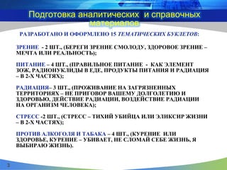 РАЗРАБОТАНО И ОФОРМЛЕНО 15 ТЕМАТИЧЕСКИХ БУКЛЕТОВ:
ЗРЕНИЕ - 2 ШТ., (БЕРЕГИ ЗРЕНИЕ СМОЛОДУ, ЗДОРОВОЕ ЗРЕНИЕ –
МЕЧТА ИЛИ РЕАЛЬНОСТЬ);
ПИТАНИЕ – 4 ШТ., (ПРАВИЛЬНОЕ ПИТАНИЕ - КАК ЭЛЕМЕНТ
ЗОЖ, РАДИОНУКЛИДЫ В ЕДЕ, ПРОДУКТЫ ПИТАНИЯ И РАДИАЦИЯ
– В 2-Х ЧАСТЯХ);
РАДИАЦИЯ– 3 ШТ., (ПРОЖИВАНИЕ НА ЗАГРЯЗНЕННЫХ
ТЕРРИТОРИЯХ – НЕ ПРИГОВОР ВАШЕМУ ДОЛГОЛЕТИЮ И
ЗДОРОВЬЮ, ДЕЙСТВИЕ РАДИАЦИИ, ВОЗДЕЙСТВИЕ РАДИАЦИИ
НА ОРГАНИЗМ ЧЕЛОВЕКА);
СТРЕСС -2 ШТ., (СТРЕСС – ТИХИЙ УБИЙЦА ИЛИ ЭЛИКСИР ЖИЗНИ
– В 2-Х ЧАСТЯХ);
ПРОТИВ АЛКОГОЛЯ И ТАБАКА – 4 ШТ., (КУРЕНИЕ ИЛИ
ЗДОРОВЬЕ, КУРЕНИЕ – УБИВАЕТ, НЕ СЛОМАЙ СЕБЕ ЖИЗНЬ, Я
ВЫБИРАЮ ЖИЗНЬ).
Подготовка аналитических и справочных
материалов
3
 