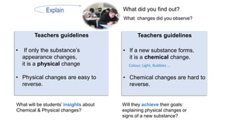 What did you find out?
Explain
Teachers guidelines
• If only the substance’s
appearance changes,
it is a physical change
• Physical changes are easy to
reverse.
Teachers guidelines
• If a new substance forms,
it is a chemical change.
• Chemical changes are hard to
reverse.
What changes did you observe?
What will be students’ insights about
Chemical & Physical changes?
Will they achieve their goals:
explaining physical changes or
signs of a new substance?
Colour, Light, Bubbles …
 
