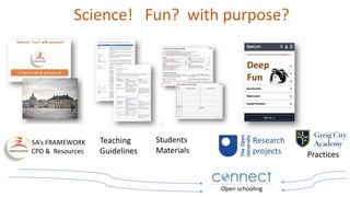 Science! Fun? with purpose?
5A’s FRAMEWORK
CPD & Resources
Teaching
Guidelines
Students
Materials
Research
projects
Open schooling
Deep
Fun
Practices
 