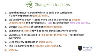 Changes in teachers
1. Sound framework around which to build our curriculum.
It’s now important to get KS3 right…
2. We’ve slowed down - spend more time on a concept to deepen
understanding and develop skills. Less teaching them facts and words…
3. Greater awareness of common misconceptions.
4. Beginning to realise how bad some our lessons were before!
5. Students are encouraged to find out for themselves – not tell them
everything.
6. Used mastery approach in other years.
7. This is all provided the teachers understand it…
8. Ofsted…
 