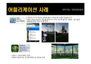 GPS기반
                                   GPS기반 / 엔터테인먼트


• 사용자가 위치 정보와 결합해 올린 사진을 3D 모델과 결합해 공유
• Now, Here, You라는 메뉴를 통해 자기 주변, 최근에 올라온 Scene, 내가 올린
 Scene을 통해 커뮤니티를 형성
 