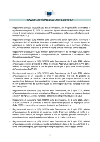 3
GAZZETTA UFFICIALE DELL’UNIONE EUROPEA
• Regolamento delegato (UE) 2020/989 della Commissione, del 27 aprile 2020, che modifica il
regolamento delegato (UE) 2020/124 per quanto riguarda alcune disposizioni e allegati delle
misure di conservazione e di esecuzione dell’Organizzazione della pesca nell’Atlantico nord-
occidentale (NAFO)
• Regolamento delegato (UE) 2020/990 della Commissione, del 28 aprile 2020, che integra il
regolamento (UE) 2016/429 del Parlamento europeo e del Consiglio per quanto riguarda le
prescrizioni in materia di sanità animale e di certificazione per i movimenti all’interno
dell’Unione di animali acquatici e di prodotti di origine animale ottenuti da animali acquatici
• Regolamento di esecuzione (UE) 2020/991 della Commissione, del 13 maggio 2020, recante
apertura e modalità di gestione di contingenti tariffari per l’importazione di riso originario della
Repubblica socialista del Vietnam
• Regolamento di esecuzione (UE) 2020/992 della Commissione, del 9 luglio 2020, relativo
all'autorizzazione di un preparato di 6-fitasi prodotta da Aspergillus niger (DSM 25770) come
additivo per mangimi destinati a tutte le specie avicole per la produzione di uova (titolare
dell'autorizzazione BASF SE)
• Regolamento di esecuzione (UE) 2020/993 della Commissione, del 9 luglio 2020, relativo
all'autorizzazione di un preparato di endo-1,4-beta-xilanasi (EC 3.2.1.8) prodotta da
Trichoderma reesei (BCCM/MUCL 49755) come additivo per mangimi destinati a tutte le
specie avicole da ingrasso diverse dai polli da ingrasso, a uccelli ornamentali, a tutte le specie
di suini svezzati diverse dai suinetti svezzati e a tutte le specie suine da ingrasso diverse dai
suini da ingrasso
• Regolamento di esecuzione (UE) 2020/994 della Commissione, del 9 luglio 2020, relativo
all'autorizzazione di monensina e nicarbazina (Monimax) come additivo per mangimi destinati
a tacchini da ingrasso, polli da ingrasso e pollastre allevate per la produzione di uova
• Regolamento di esecuzione (UE) 2020/995 della Commissione, del 9 luglio 2020, relativo
all’autorizzazione di un preparato di endo-1,4-beta-xilanasi prodotta da Aspergillus oryzae
(DSM 26372) come additivo per mangimi destinati a scrofe in lattazione
• Regolamento di esecuzione (UE) 2020/996 della Commissione, del 9 luglio 2020, relativo
all’autorizzazione del preparato di carvacrolo, timolo, D-carvone, salicilato di metile e L-
mentolo come additivo per mangimi destinati a polli da ingrasso, pollastre allevate per la
produzione di uova e specie avicole minori allevate per la produzione di uova
• Regolamento di esecuzione (UE) 2020/997 della Commissione, del 9 luglio 2020, relativo
all'autorizzazione della L-lisina base, liquida, del solfato di L-lisina e del monocloridrato di L-
lisina, tecnicamente puro, come additivi per mangimi destinati a tutte le specie animali
 